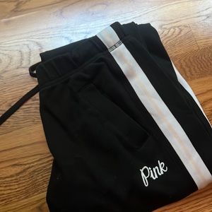 VS PINK black wide-leg sweatpants with white/peachy pink stripe down sides